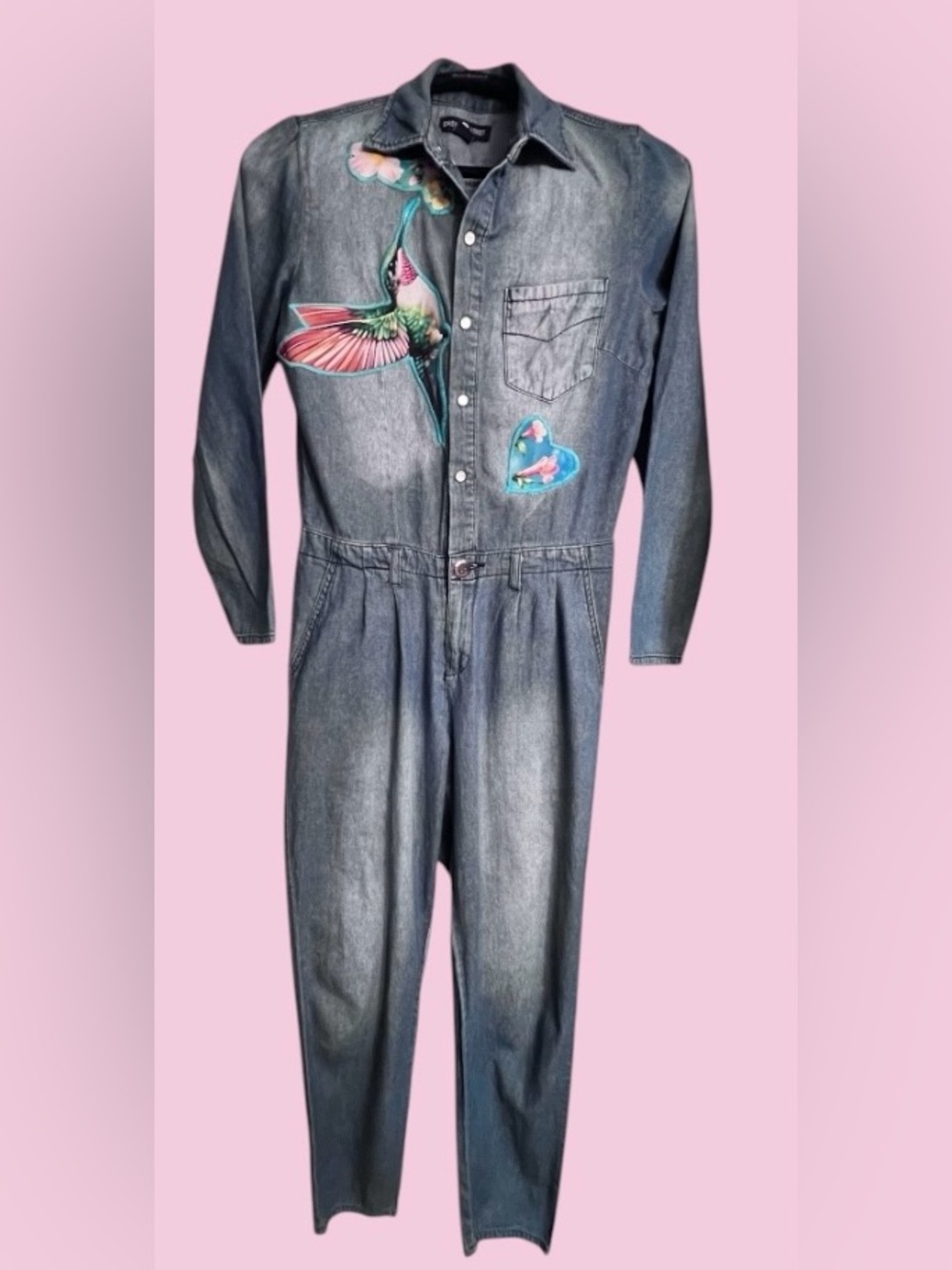 Refashioned Denim Jumpsuit Size M Hummingbird Appliqué One of a Kind Aloha
